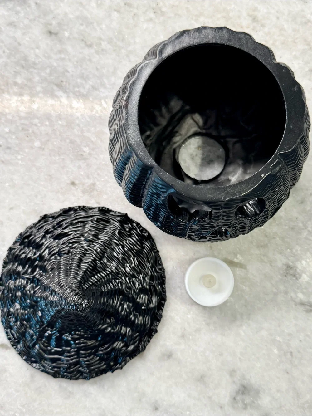 New Halloween RESIN Faux Wicker Black Jack-o'-Lantern Pumpkin w/ Tea Light - 7”